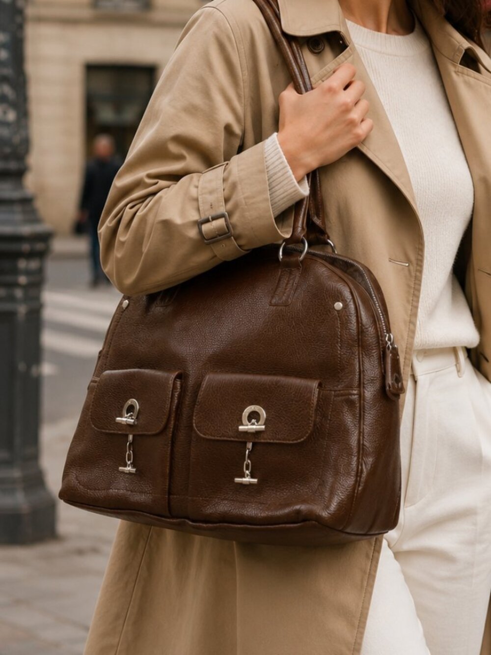 Lamarthe Paris Rich Brown Leather Handbag w/ Removable Card Holder